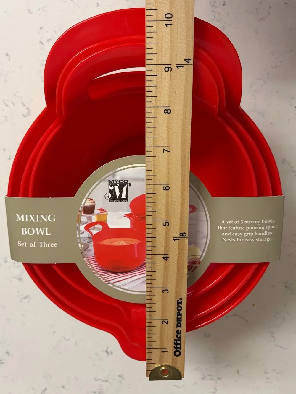 NWT, 3-Piece Nesting Red Mixing Bowls with Handle & Pour Spout